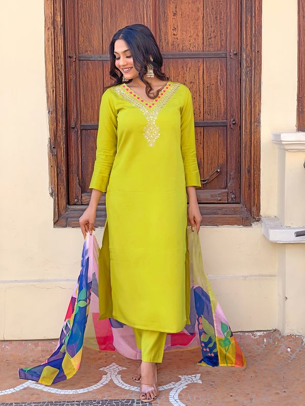 Lemon Yellow Embroidered Rayon Kurta Set with Dupatta