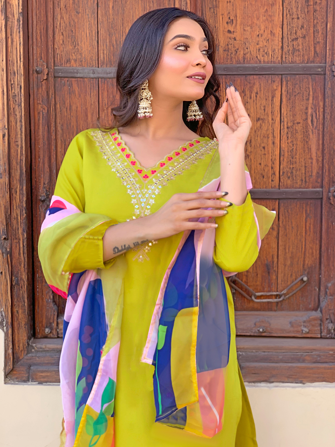Lemon Yellow Embroidered Rayon Kurta Set with Dupatta