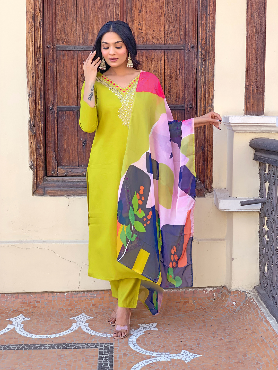 Lemon Yellow Embroidered Rayon Kurta Set with Dupatta