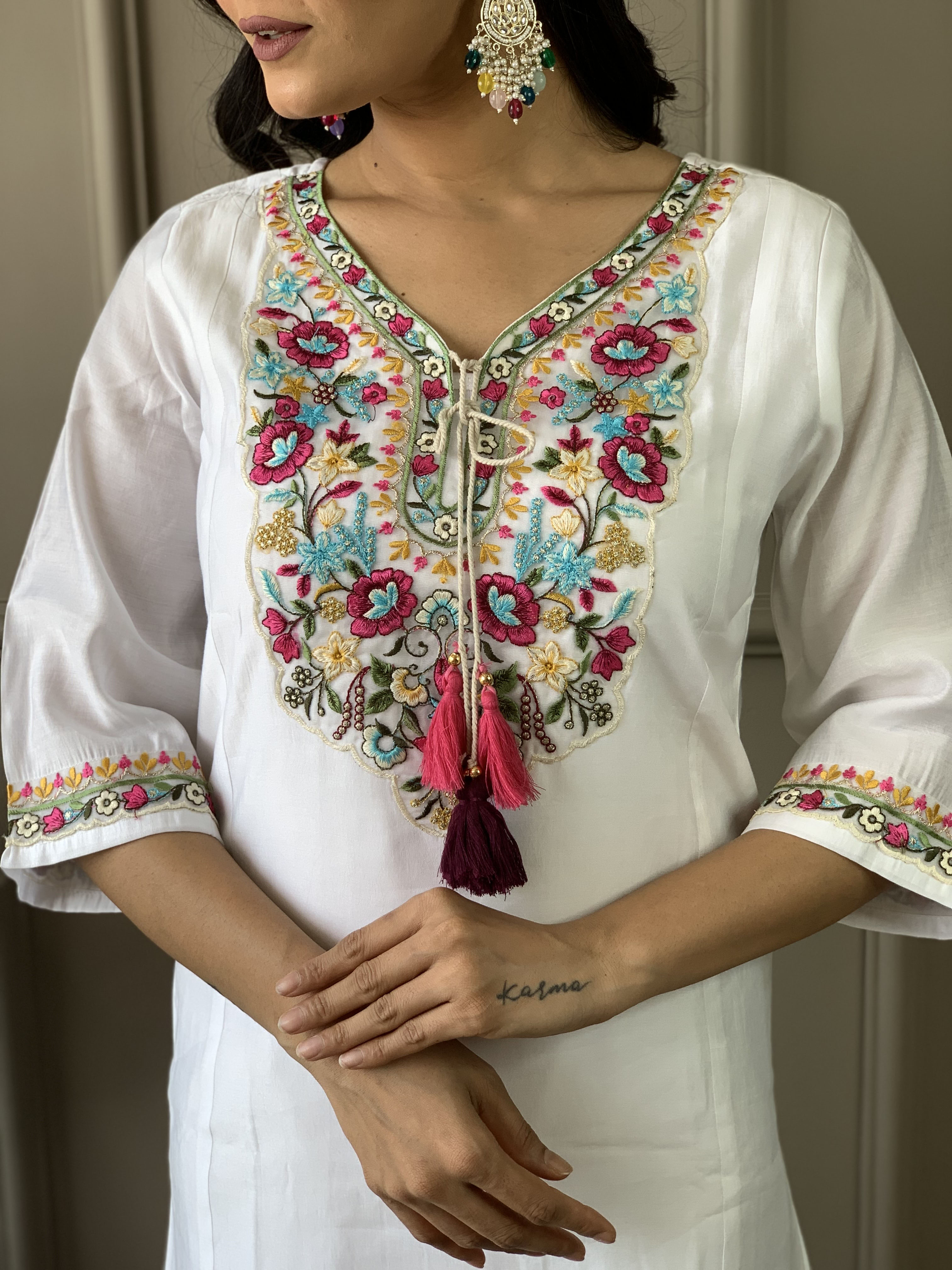 White Chanderi Embroidered Kurta Set with Organza Dupatta