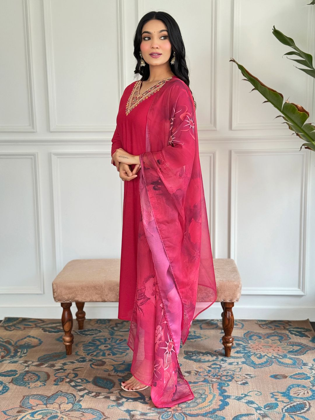 Red Embroidered Rayon Kurta Set with Silk Printed Dupatta