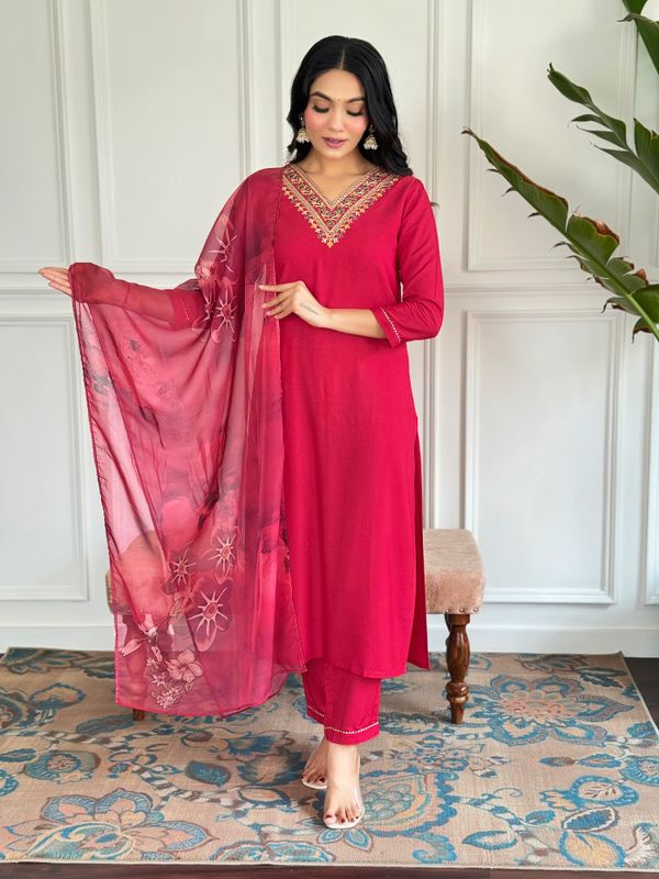 Red Embroidered Rayon Kurta Set with Silk Printed Dupatta