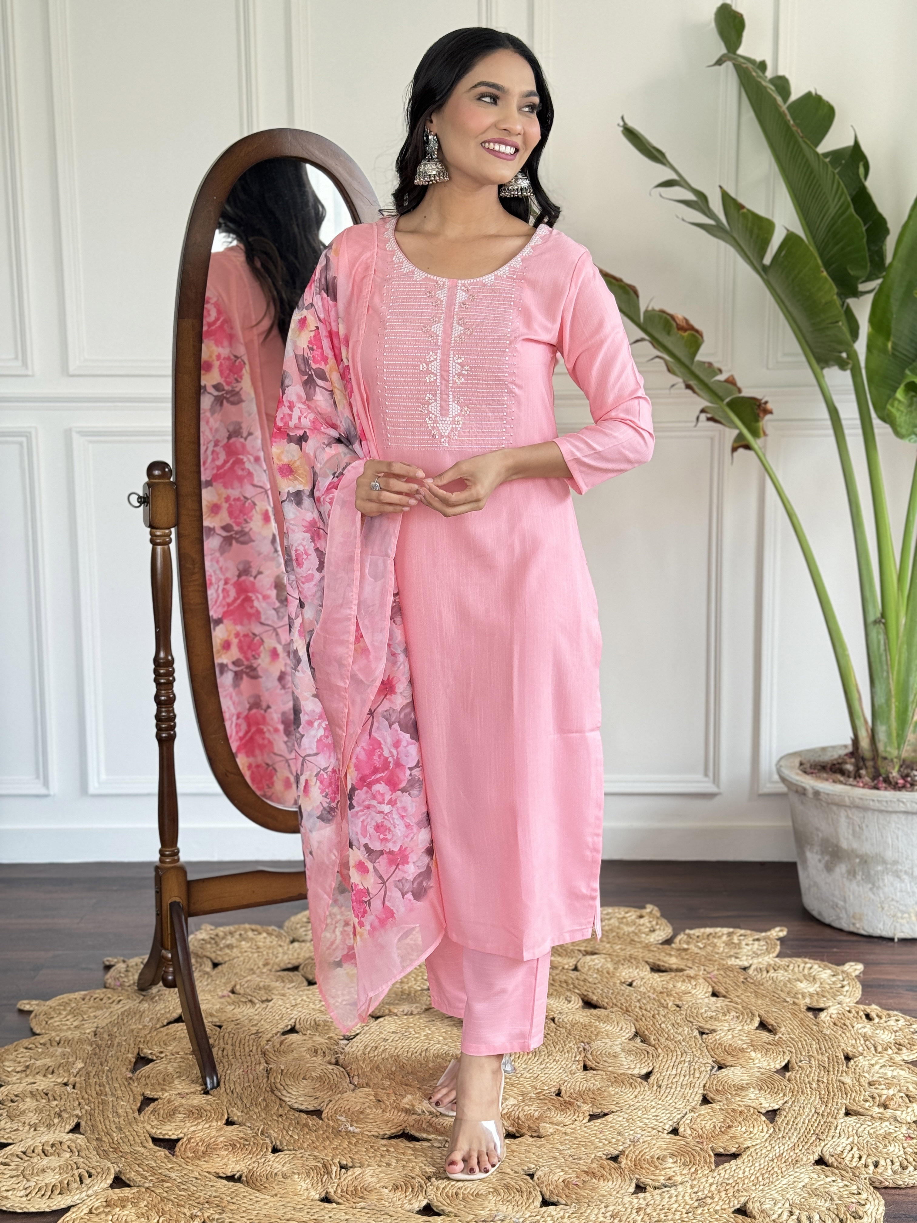 Baby Pink Embroidered Rayon Kurta Set with Silk Dupatta