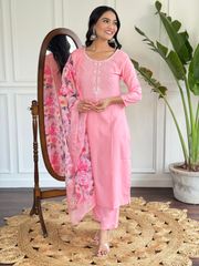 Baby Pink Embroidered Rayon Kurta Set with Silk Dupatta - Pink