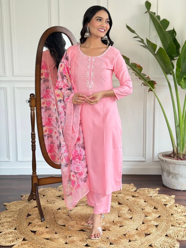 Baby Pink Embroidered Rayon Kurta Set with Silk Dupatta