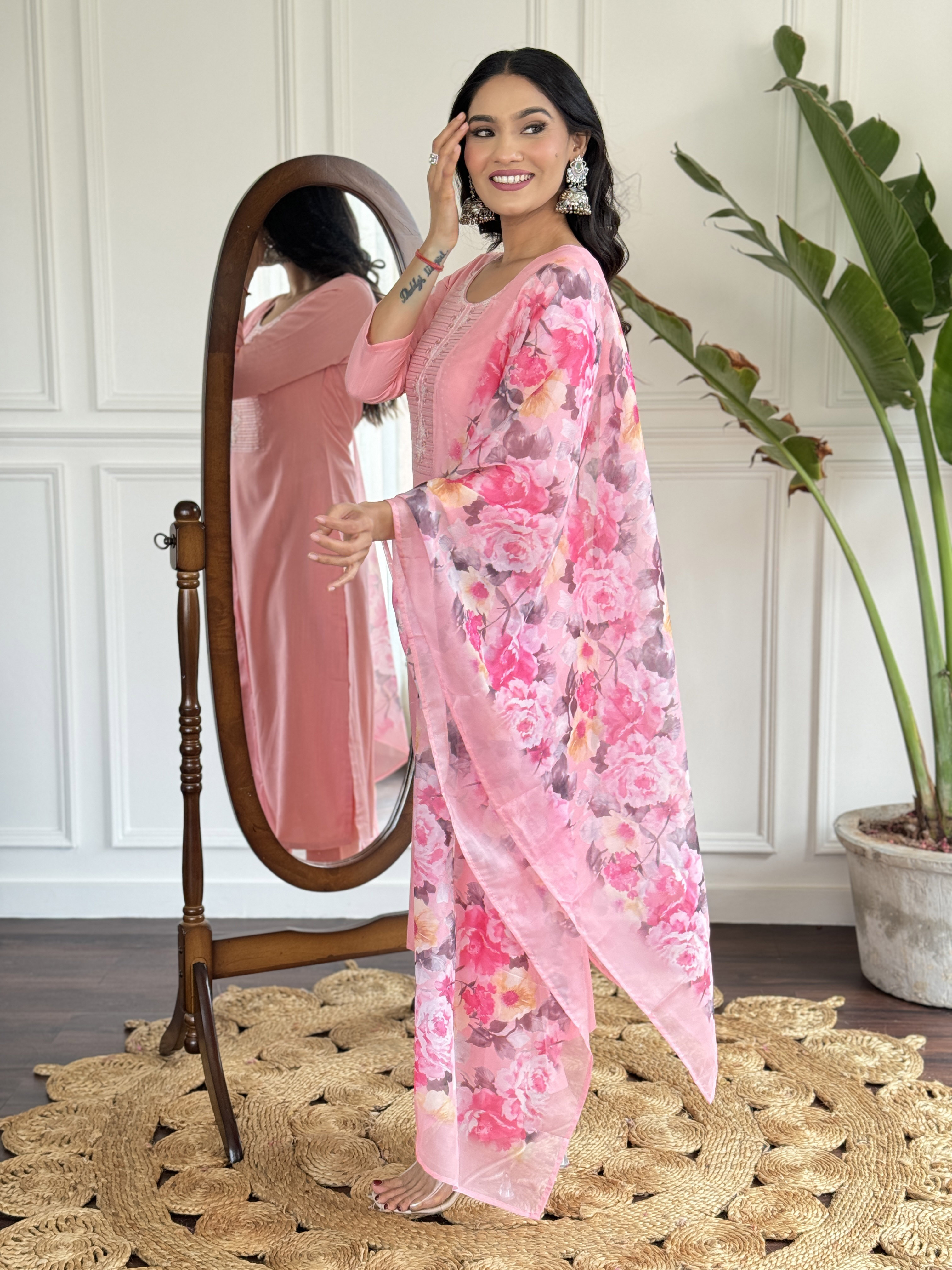 Baby Pink Embroidered Rayon Kurta Set with Silk Dupatta