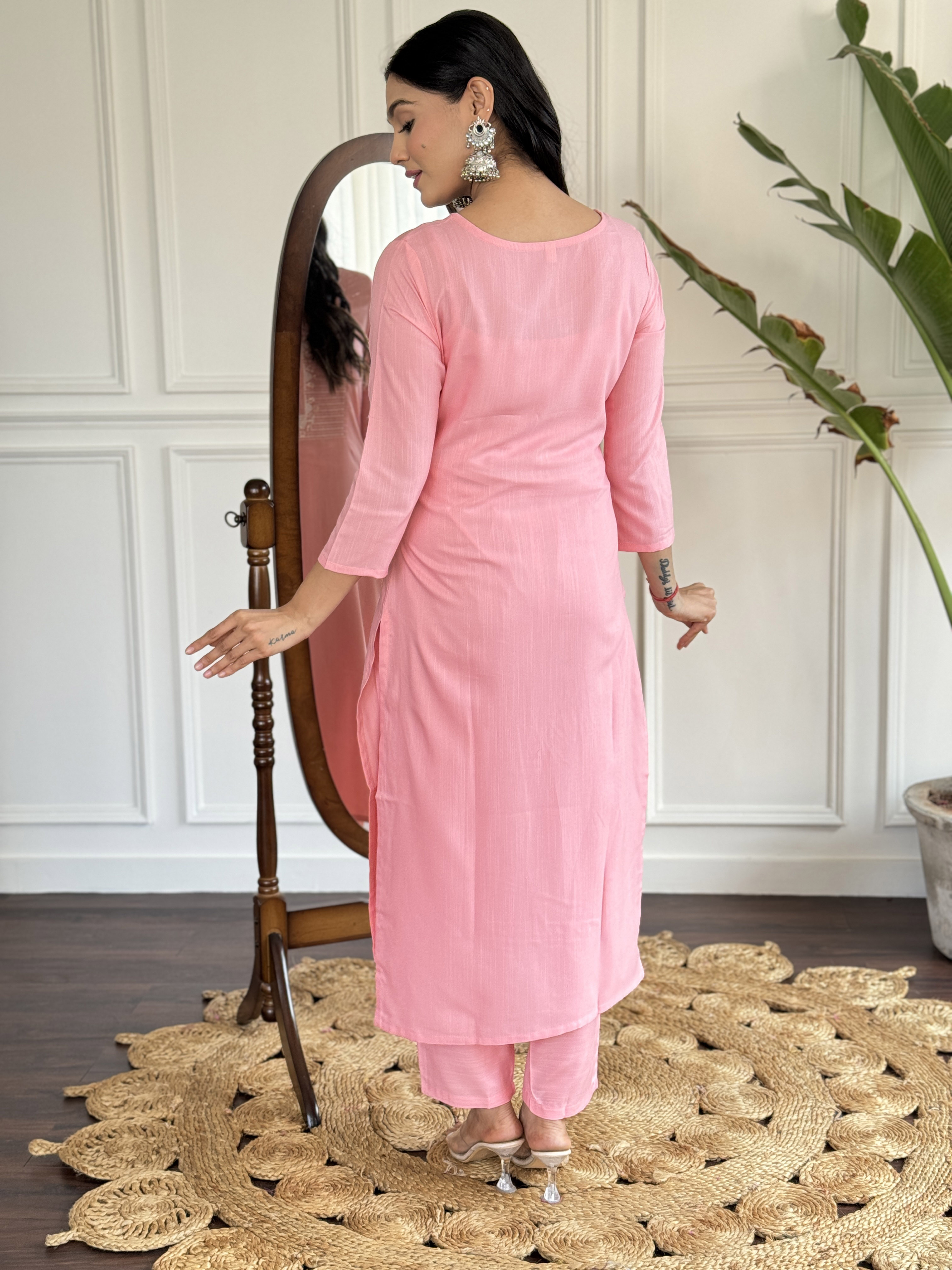 Baby Pink Embroidered Rayon Kurta Set with Silk Dupatta
