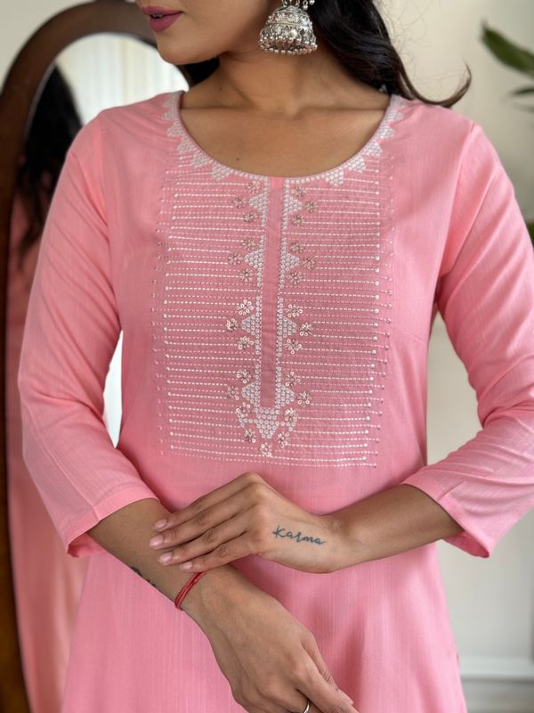 Baby Pink Embroidered Rayon Kurta Set with Silk Dupatta