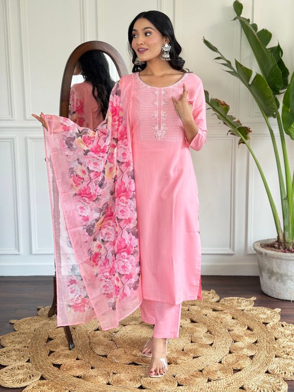 Baby Pink Embroidered Rayon Kurta Set with Silk Dupatta
