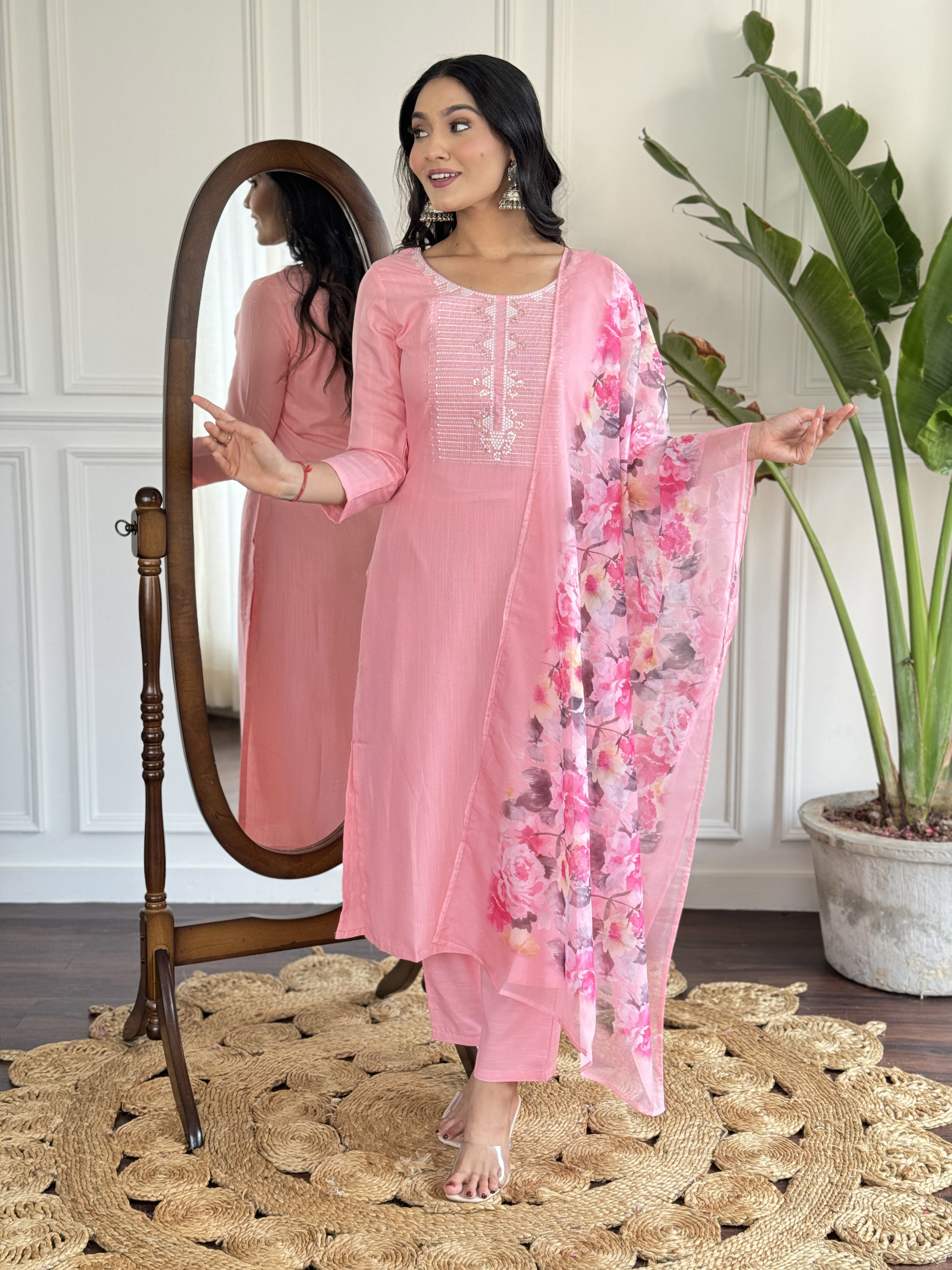Baby Pink Embroidered Rayon Kurta Set with Silk Dupatta