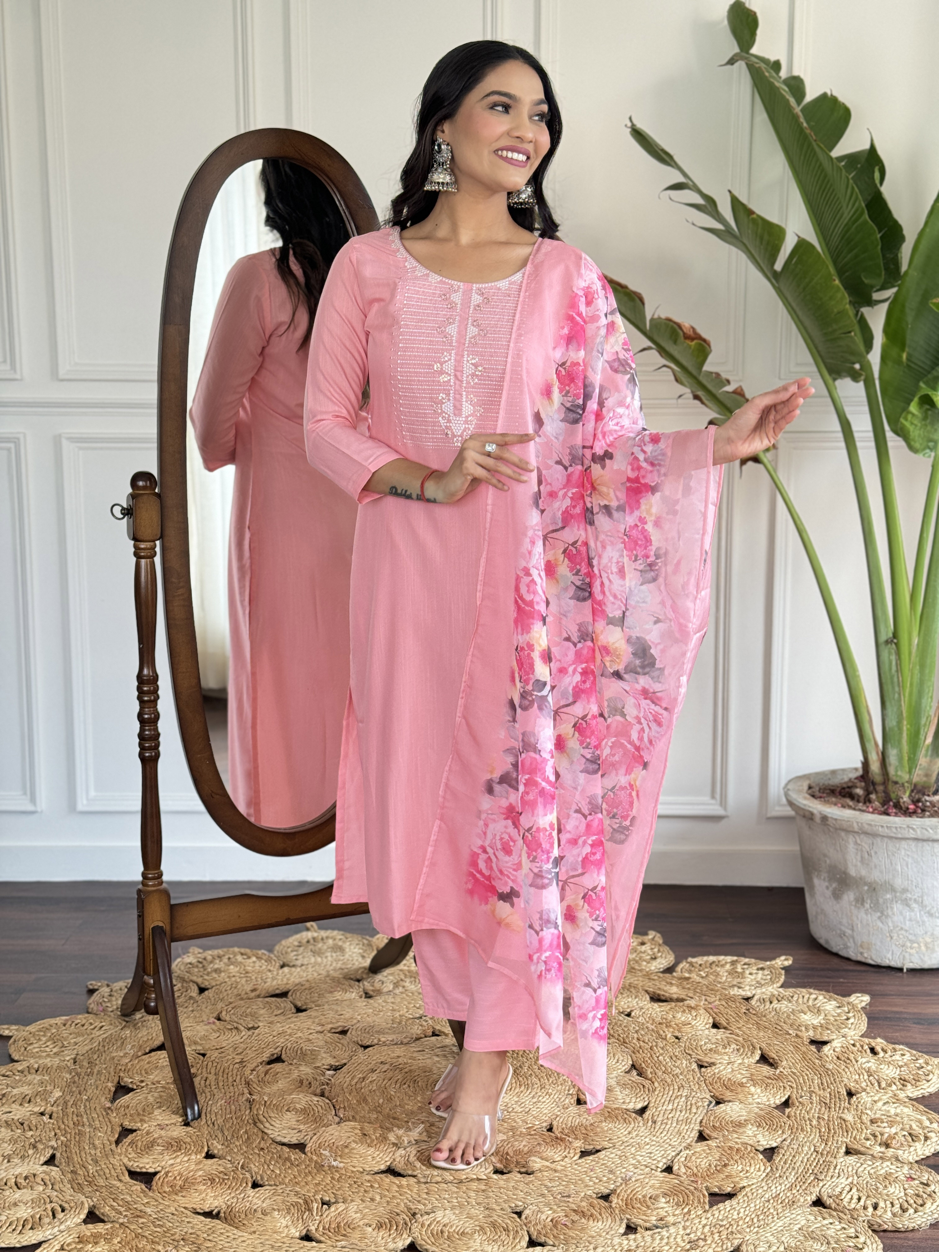 Baby Pink Embroidered Rayon Kurta Set with Silk Dupatta