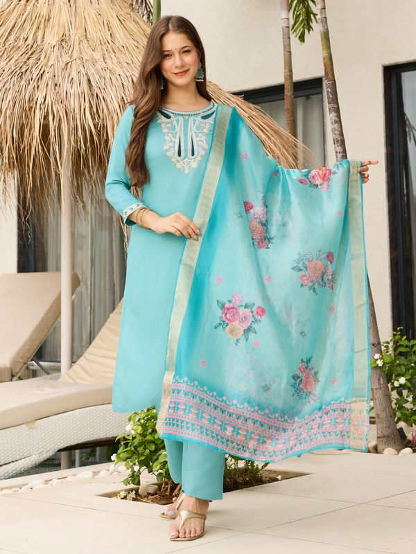 Sky Blue Embroidered Viscose Kurta Set with Organza Dupatta