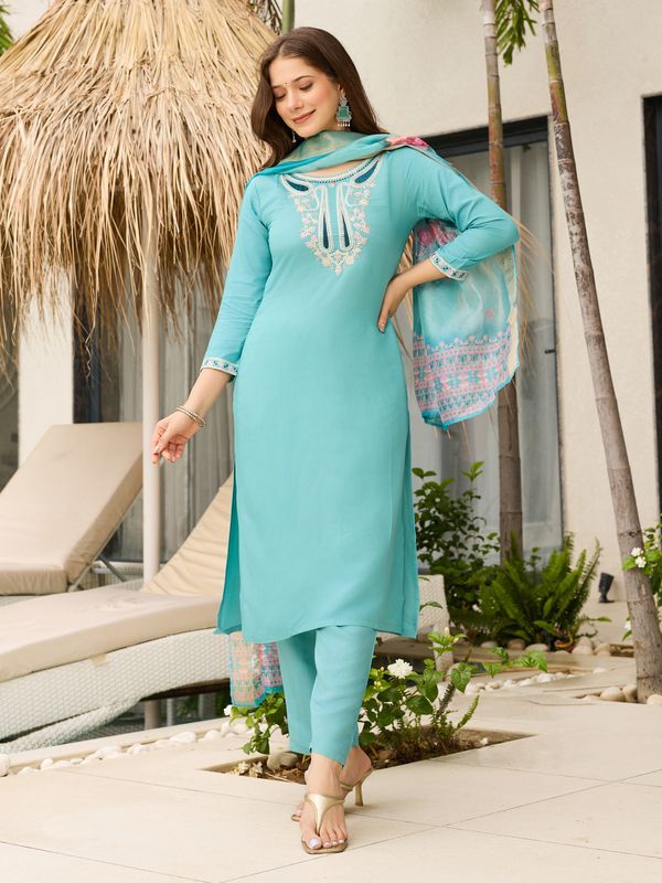 Sky Blue Embroidered Viscose Kurta Set with Organza Dupatta