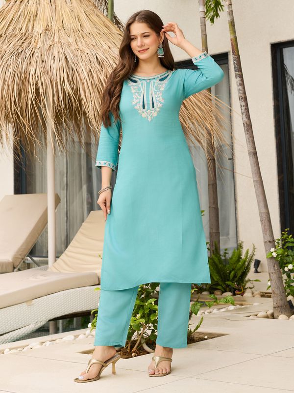 Sky Blue Embroidered Viscose Kurta Set with Organza Dupatta