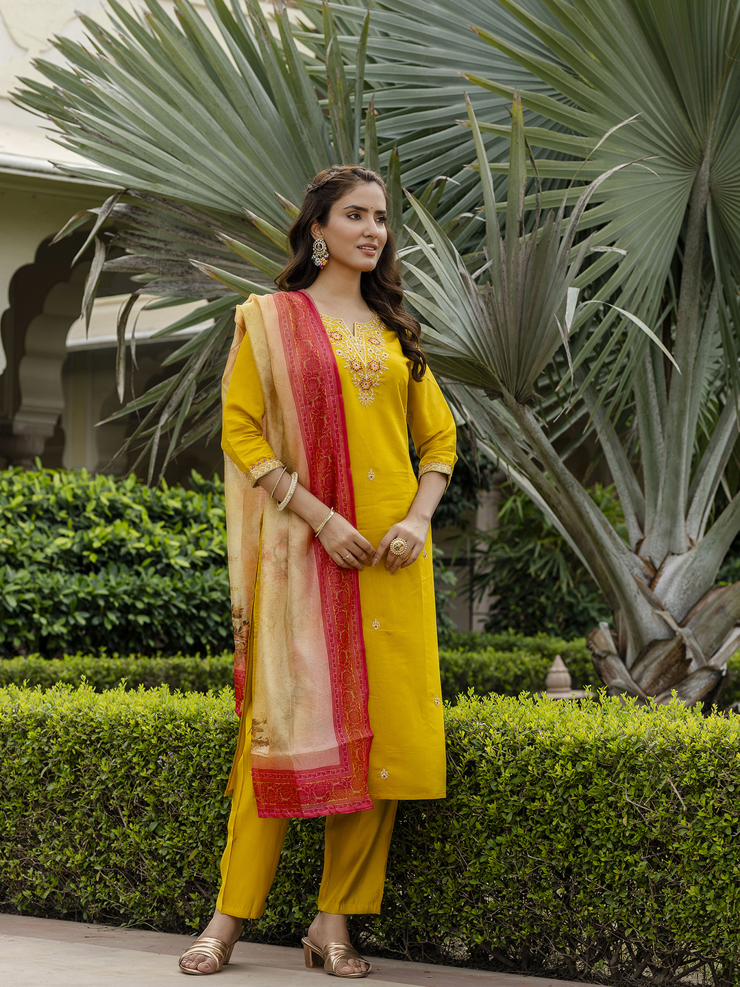 Mustard Embroidered Rayon Kurta Set with Printed Dupatta