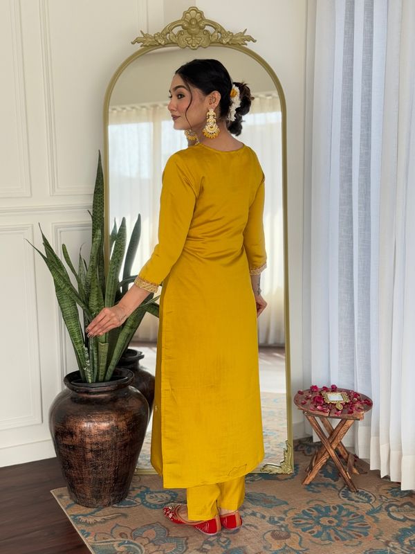 Mustard Embroidered Rayon Kurta Set with Printed Dupatta