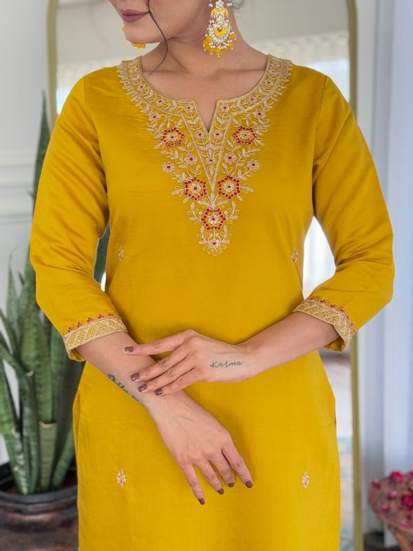 Mustard Embroidered Rayon Kurta Set with Printed Dupatta