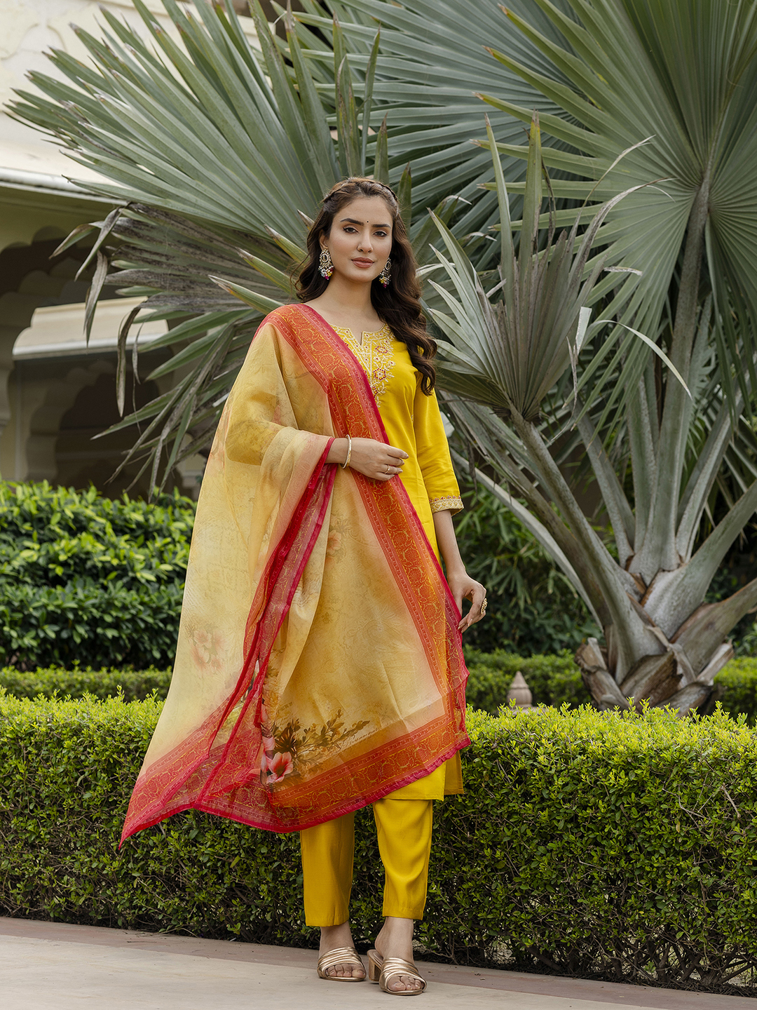 Mustard Embroidered Rayon Kurta Set with Printed Dupatta