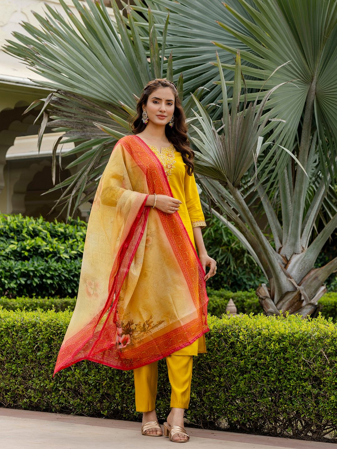 Mustard Embroidered Rayon Kurta Set with Printed Dupatta