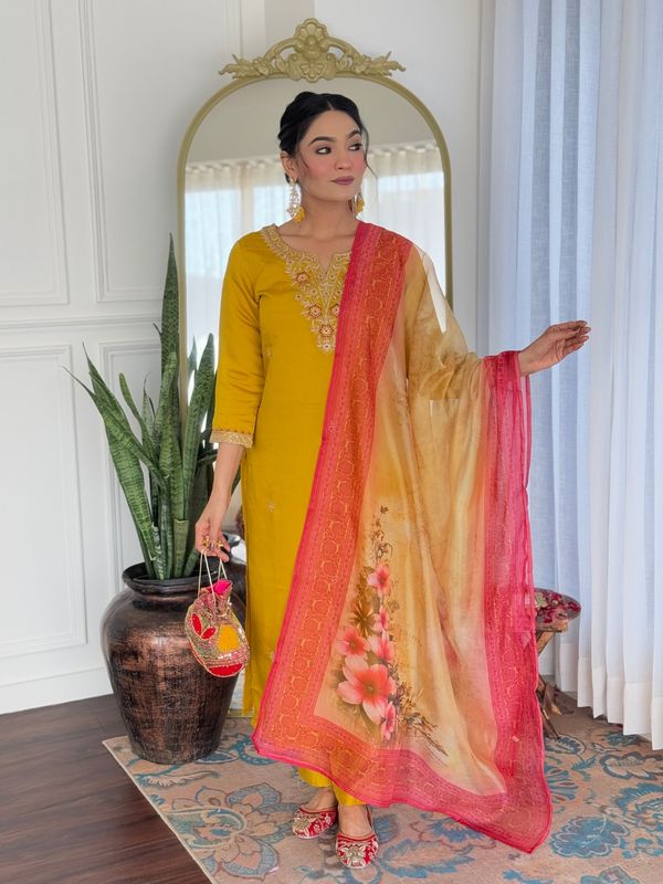 Mustard Embroidered Rayon Kurta Set with Printed Dupatta