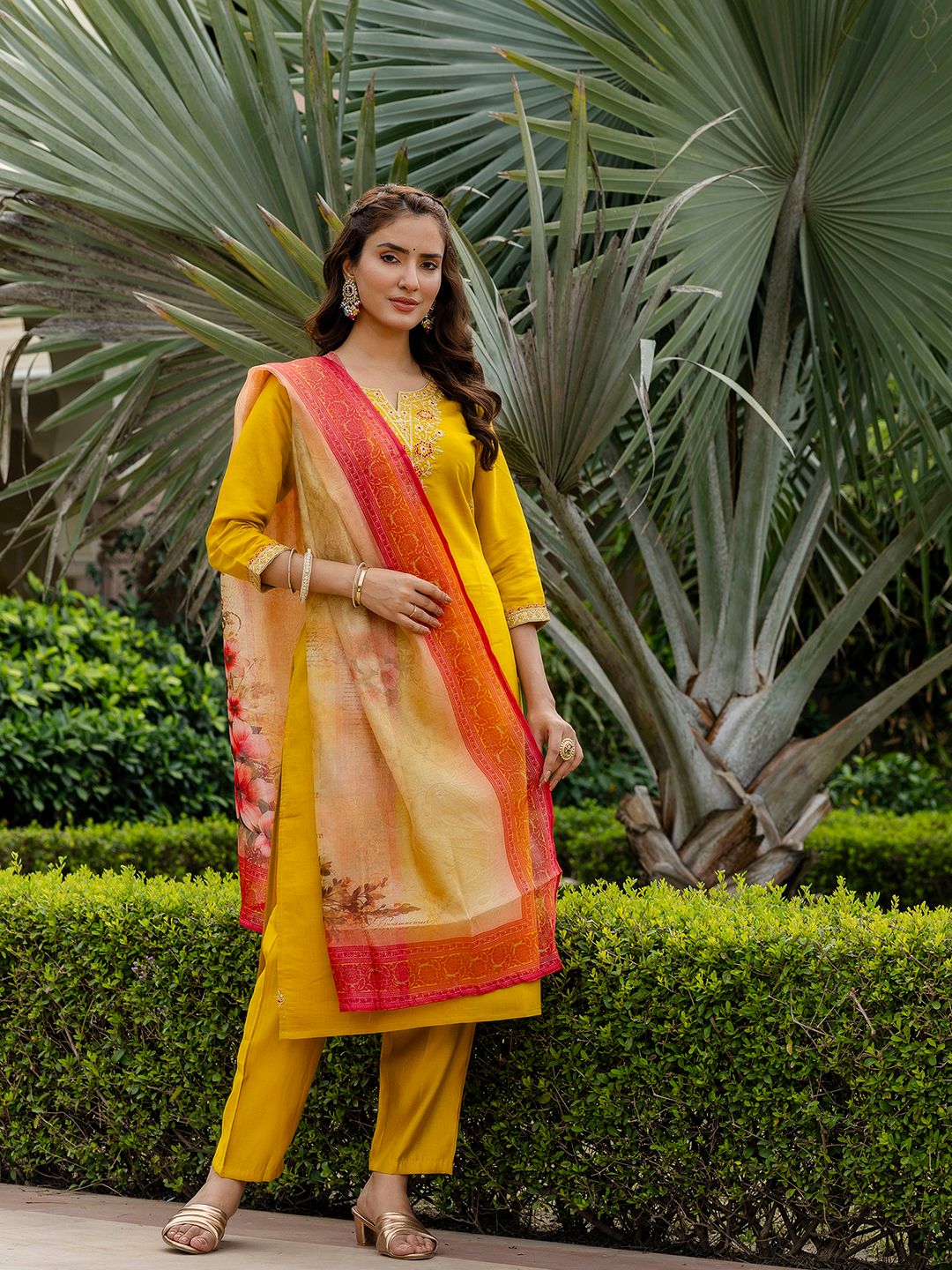 Mustard Embroidered Rayon Kurta Set with Printed Dupatta