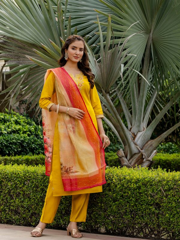 Mustard Embroidered Rayon Kurta Set with Printed Dupatta