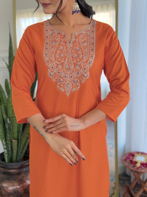 Orange Embroidered Rayon Kurta Set with Designer Dupatta