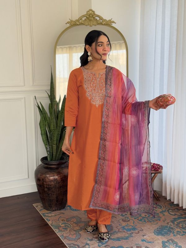 Orange Embroidered Rayon Kurta Set with Designer Dupatta