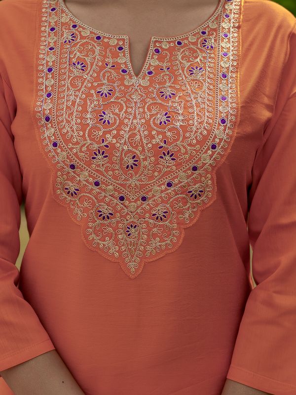 Orange Embroidered Rayon Kurta Set with Designer Dupatta