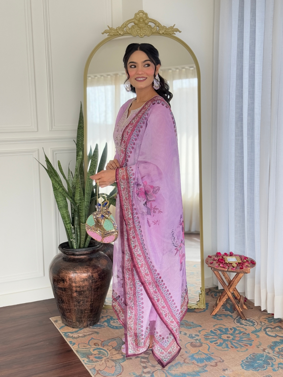 Lavender Embroidered Rayon Kurta Set with Printed Dupatta
