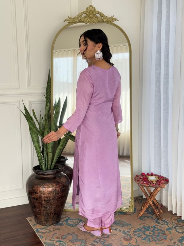 Lavender Embroidered Rayon Kurta Set with Printed Dupatta
