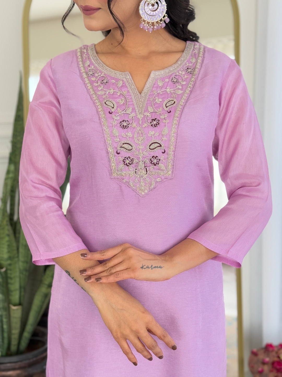Lavender Embroidered Rayon Kurta Set with Printed Dupatta