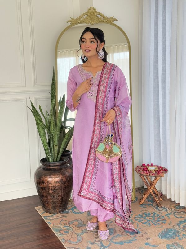 Lavender Embroidered Rayon Kurta Set with Printed Dupatta