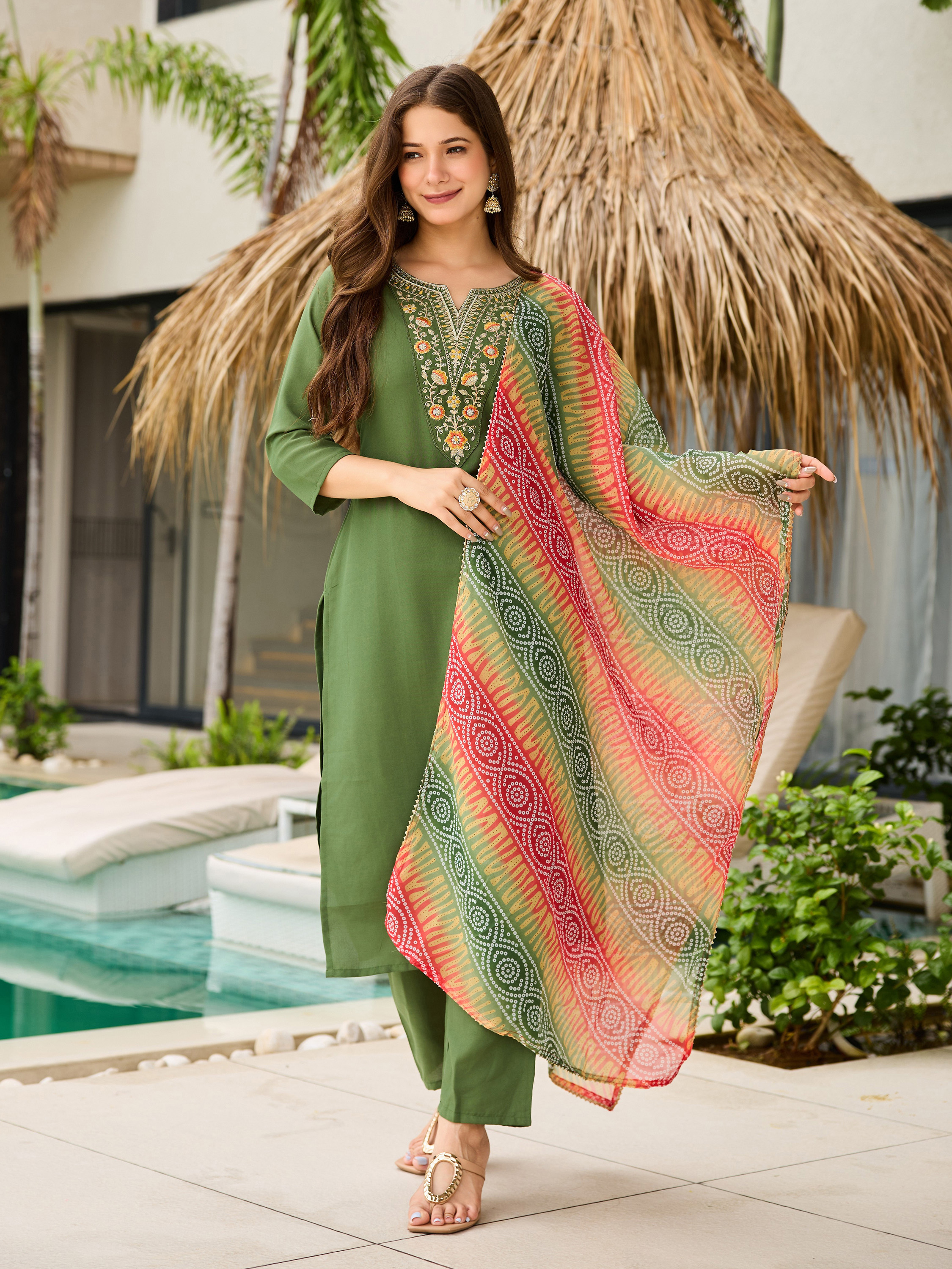 Mehendi Green Embroidered Rayon Kurta Set with Dupatta