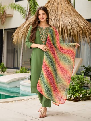 Mehendi Green Embroidered Rayon Kurta Set with Dupatta