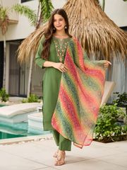 Mehendi Green Embroidered Rayon Kurta Set with Dupatta - Green