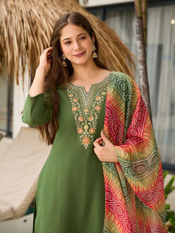 Mehendi Green Embroidered Rayon Kurta Set with Dupatta
