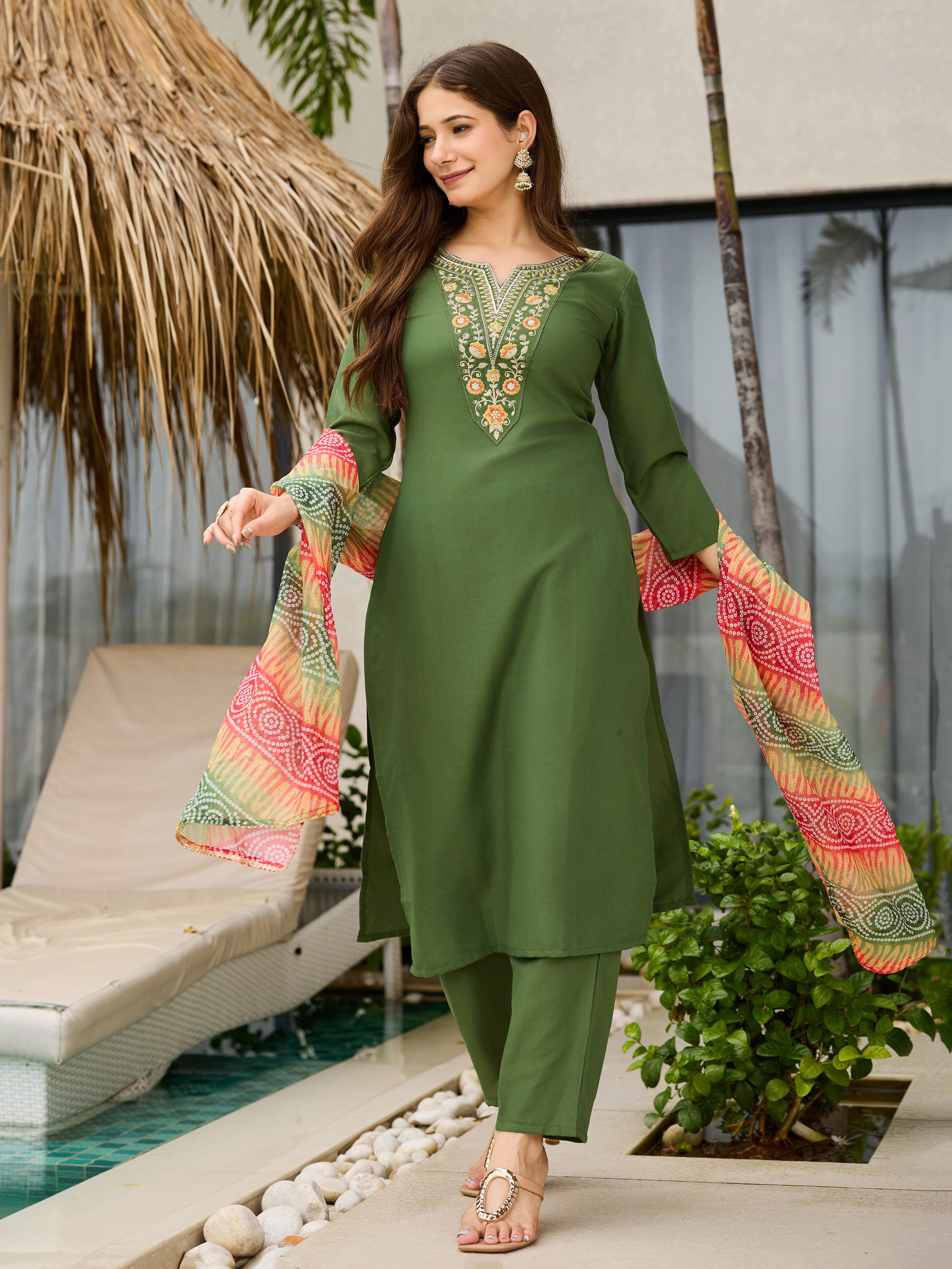 Mehendi Green Embroidered Rayon Kurta Set with Dupatta