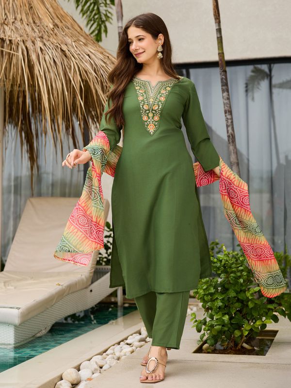 Mehendi Green Embroidered Rayon Kurta Set with Dupatta