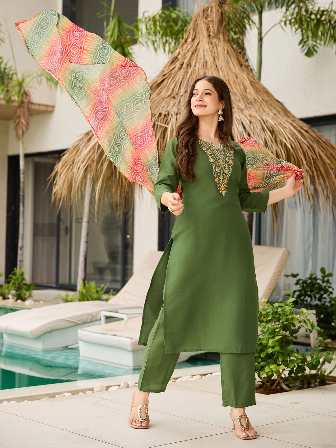 Mehendi Green Embroidered Rayon Kurta Set with Dupatta