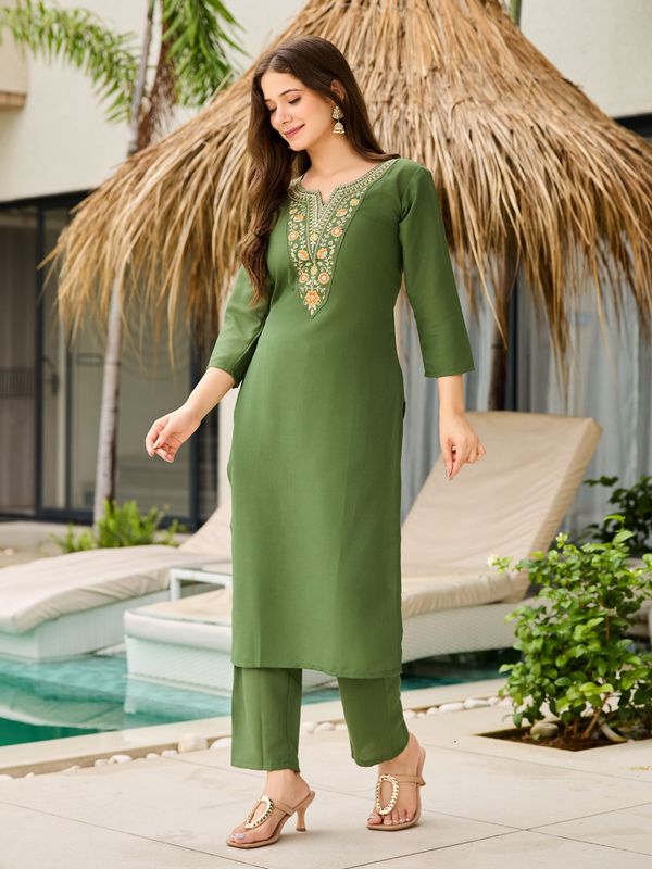 Mehendi Green Embroidered Rayon Kurta Set with Dupatta