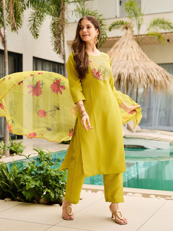 Olive Yellow Embroidered Kurti Set with Dupatta