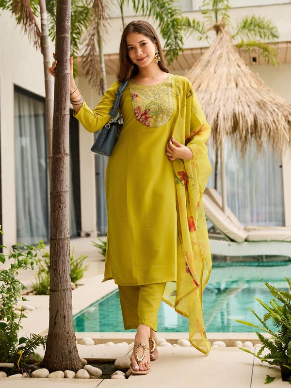 Olive Yellow Embroidered Kurti Set with Dupatta