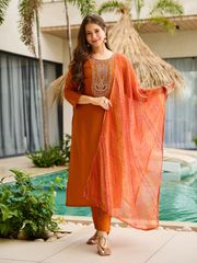 Rust Orange Embroidered Kurti Set with Dupatta - Orange
