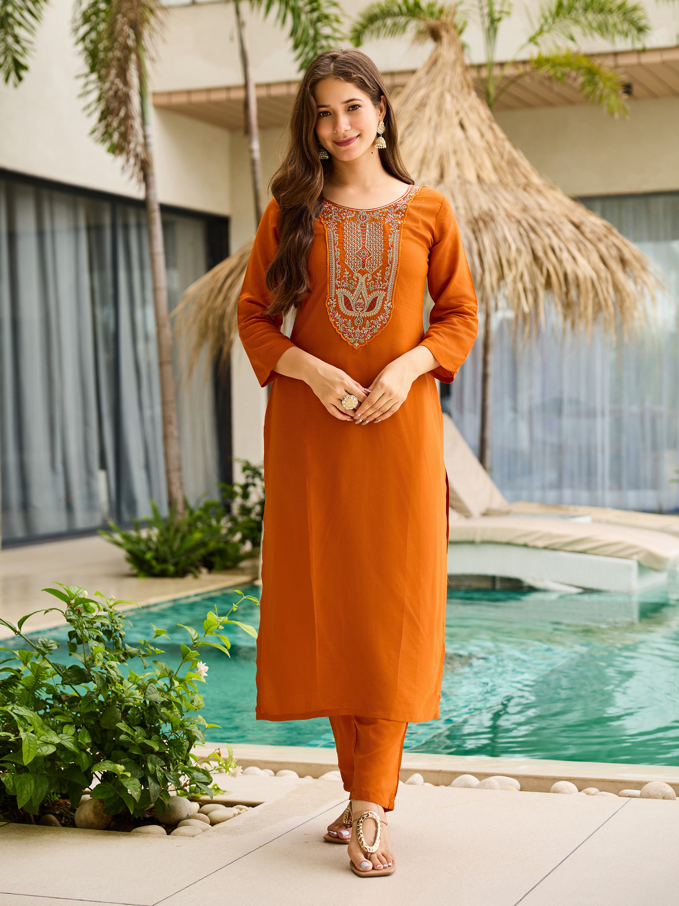 Rust Orange Embroidered Kurti Set with Dupatta