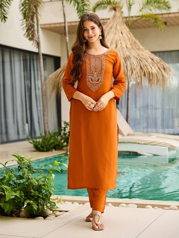 Rust Orange Embroidered Kurti Set With Dupatta