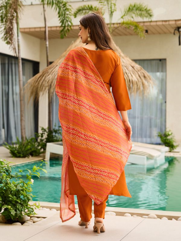 Rust Orange Embroidered Kurti Set with Dupatta