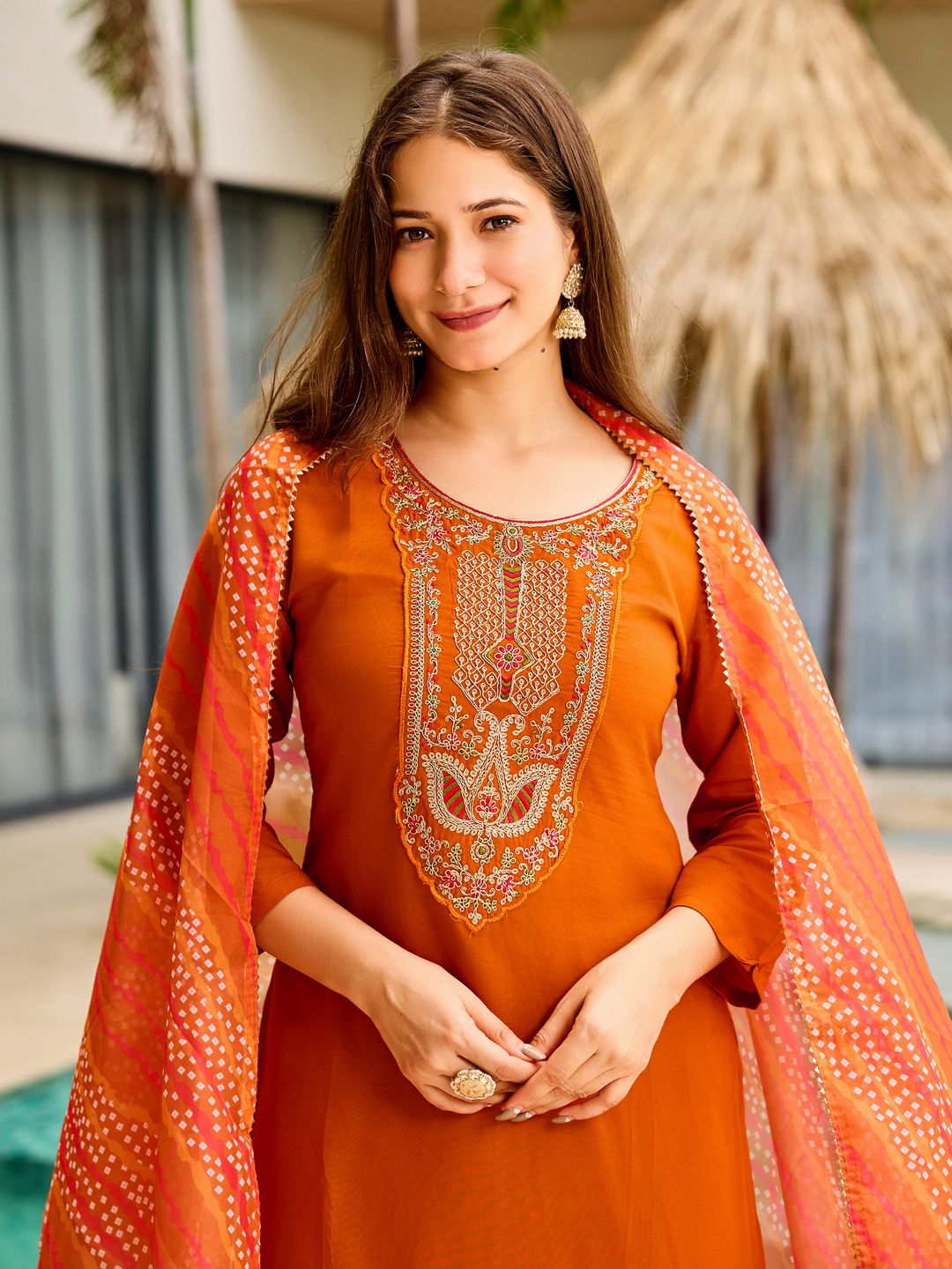 Rust Orange Embroidered Kurti Set with Dupatta