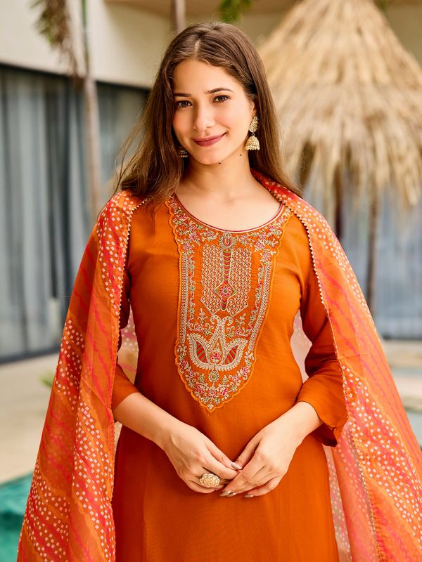Rust Orange Embroidered Kurti Set with Dupatta