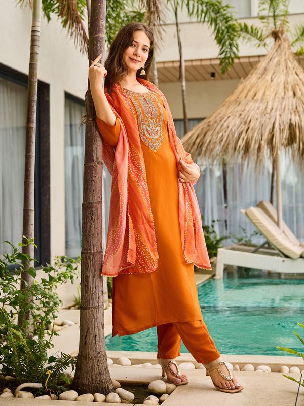 Rust Orange Embroidered Kurti Set with Dupatta